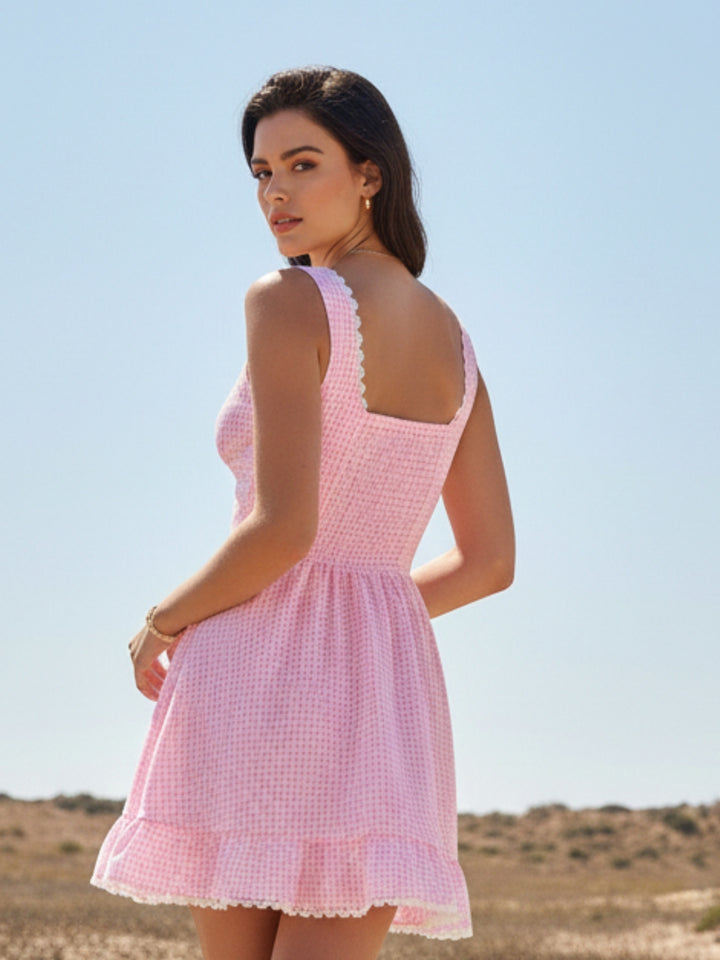 Pink Patterned Bustier Dress With Frilled Hem