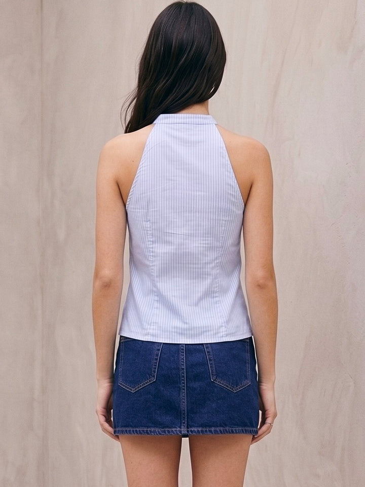 Blue Striped Halter Neck Side Tie Asymmetric Blouse