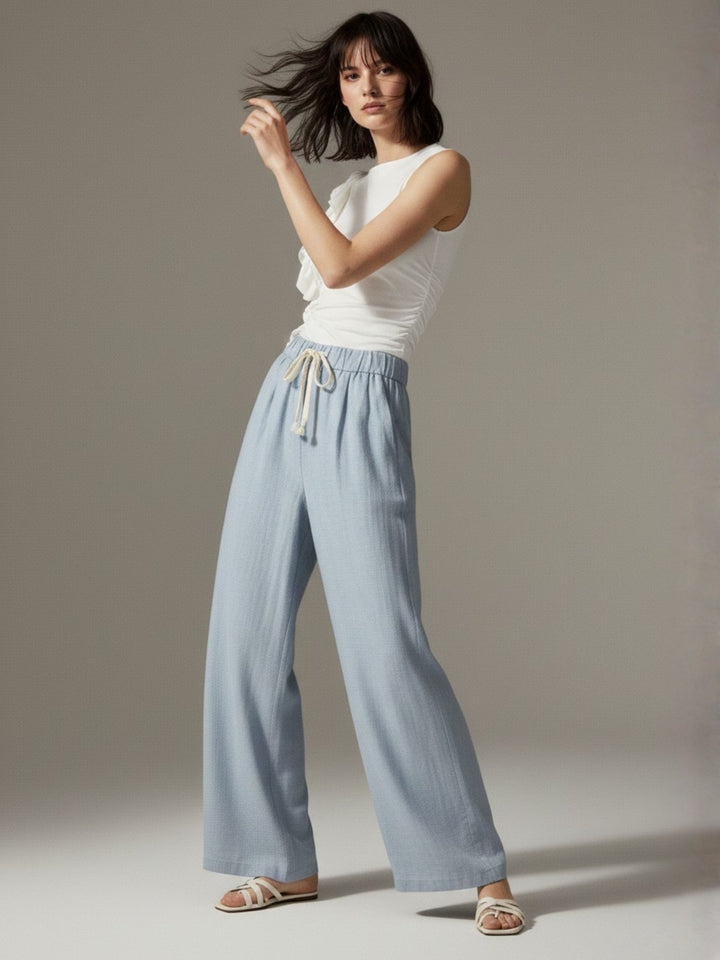 Blue High Waist Drawstring Attached Pleated Pant