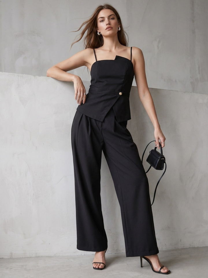 Black Fitted Metal Trim Top And Pant Set