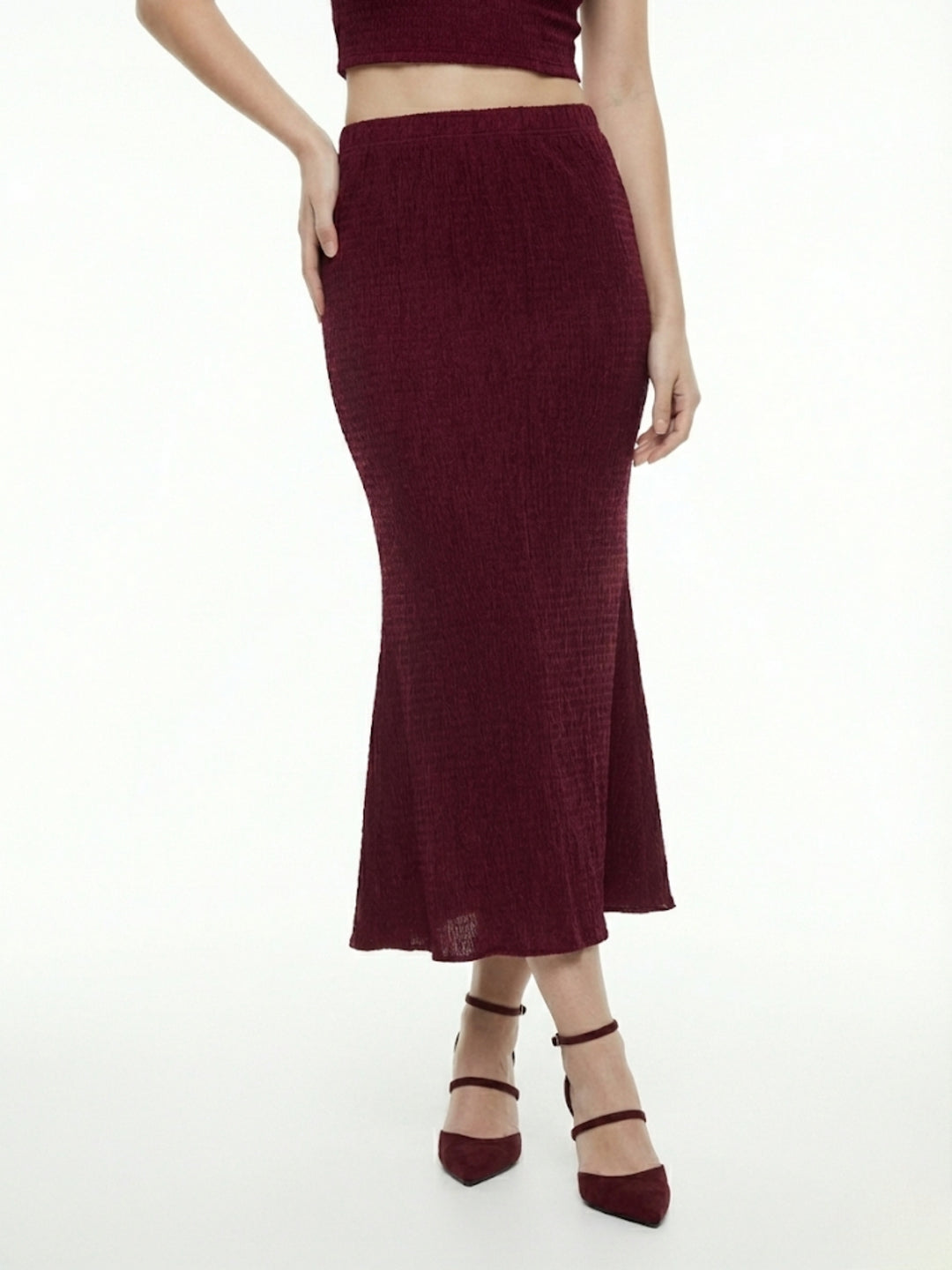 Burgundy Fish-Tail Fit Skirt With Peplum Hem