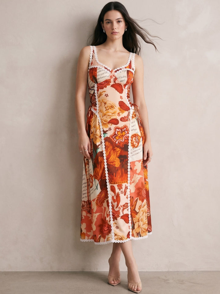 Brown Shoulder Strap Printed Dress