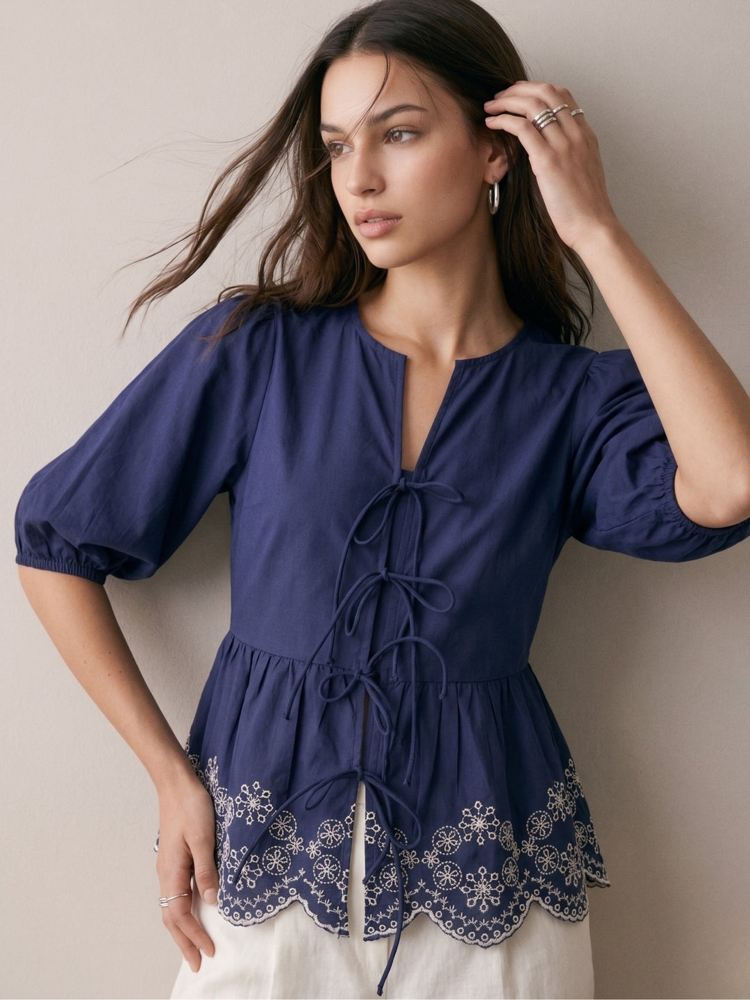 Blue Scallop Embroidered Blouse