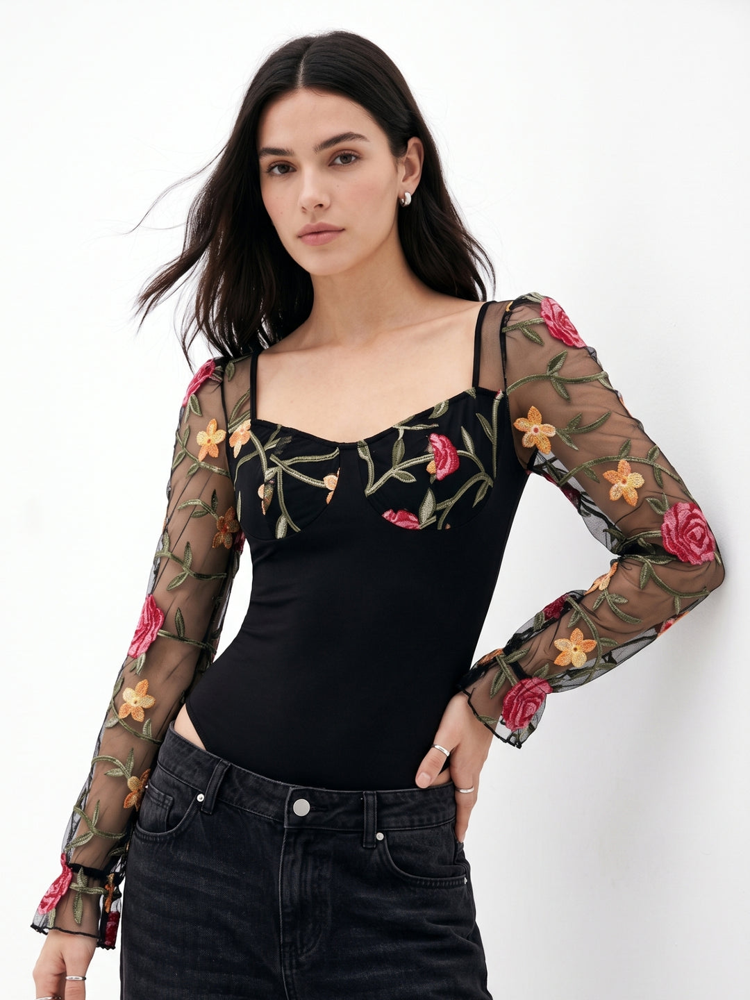 Black Sweetheart Neckline Bodysuits With Sheer Sleeves
