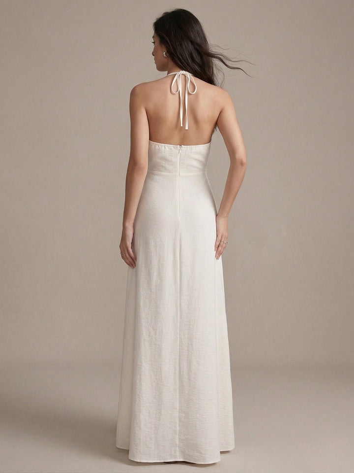 White Halter Neck Solid Dress
