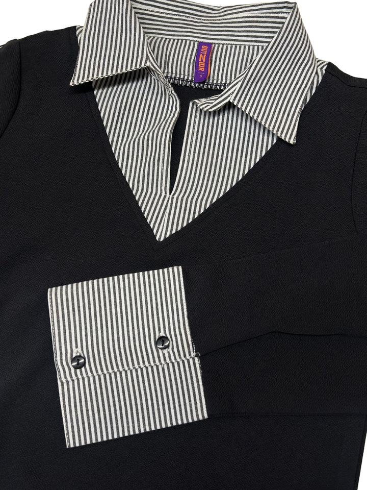 Black Full Sleeve Contrast Collar Fitted Top