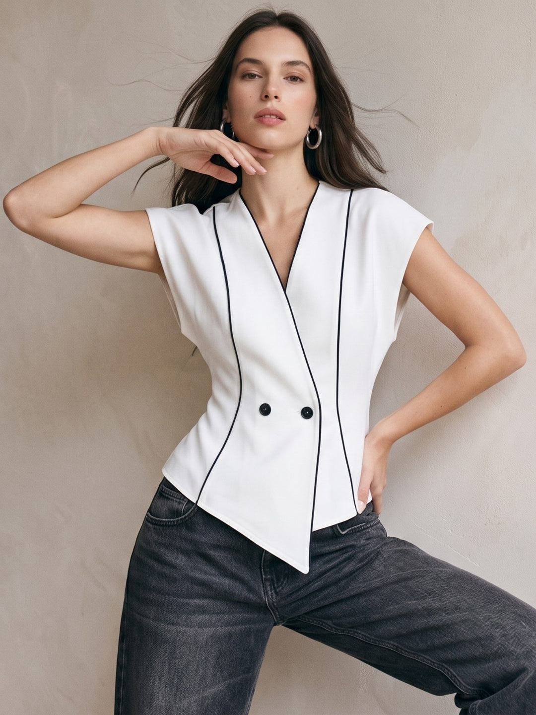White Raglan Sleeve With Contrast Piping