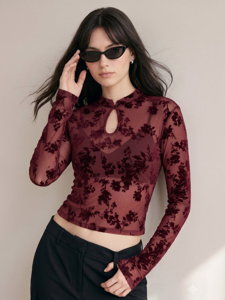 Maroon Lace Detail Key Hole Top