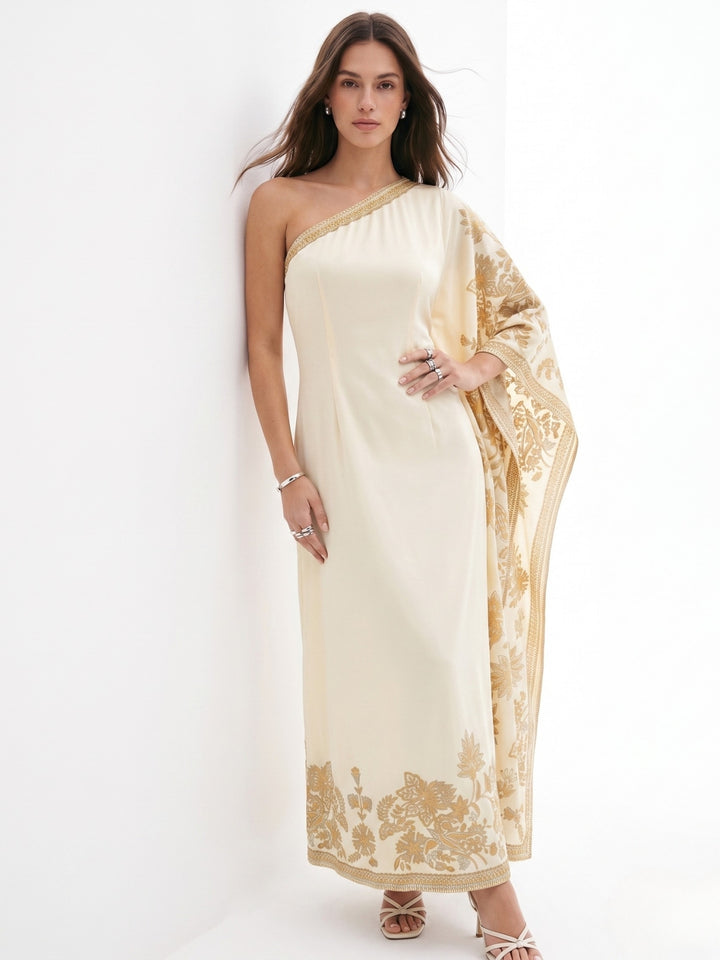 Cream One Shoulder Straight Fit Dress