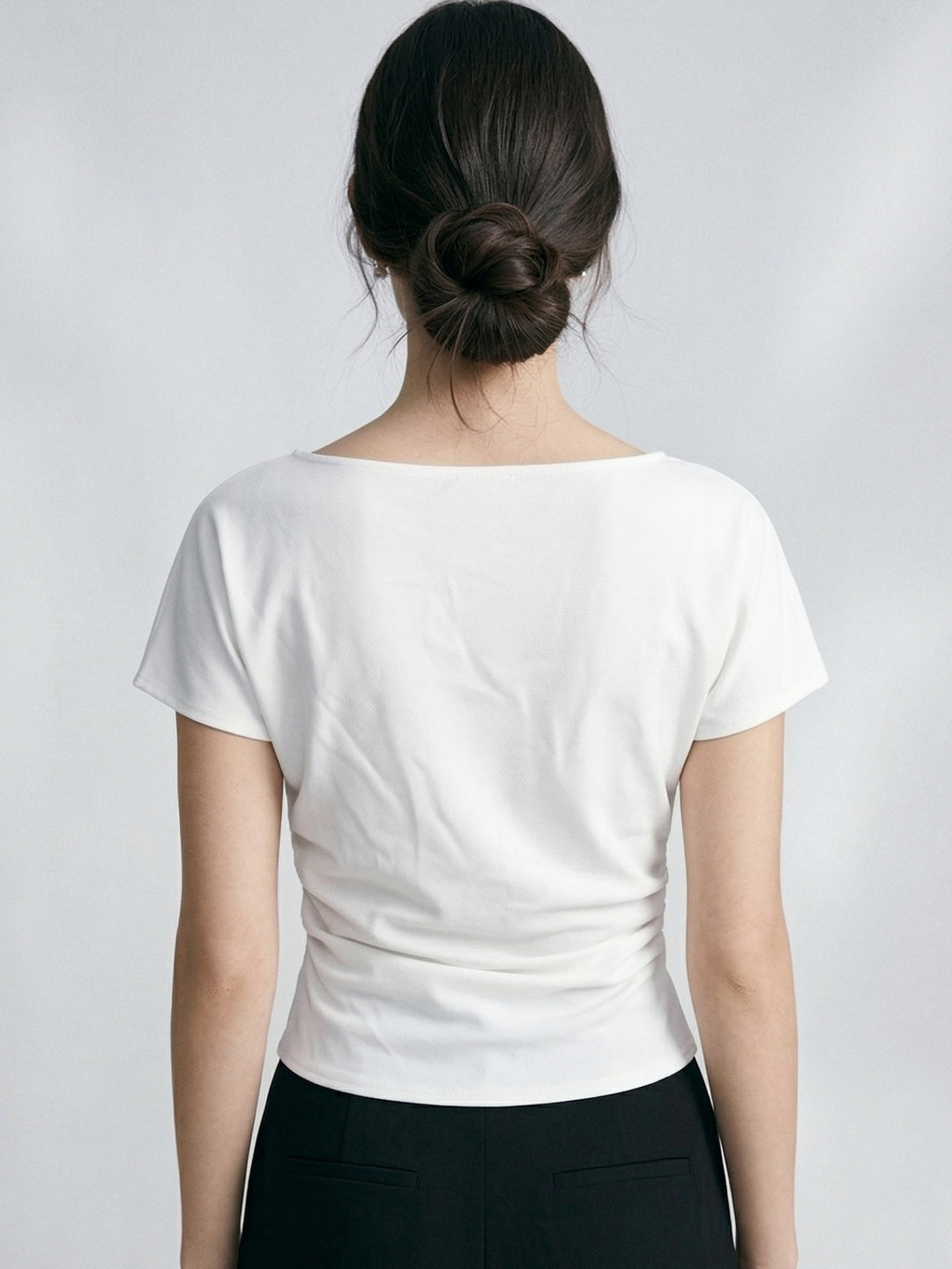 White Boat Neck Side Ruched Top With Metal Trim