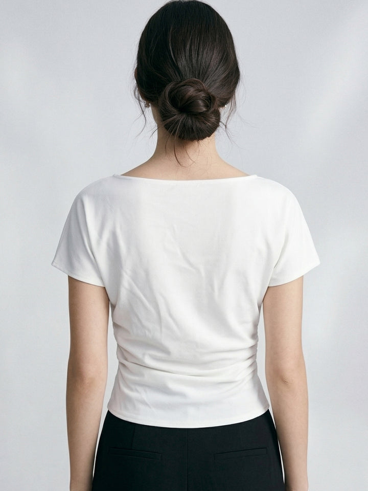 White Boat Neck Side Ruched Top With Metal Trim