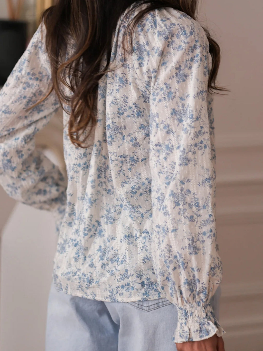 Blue Printed High Neck Top With Tie Up Detail