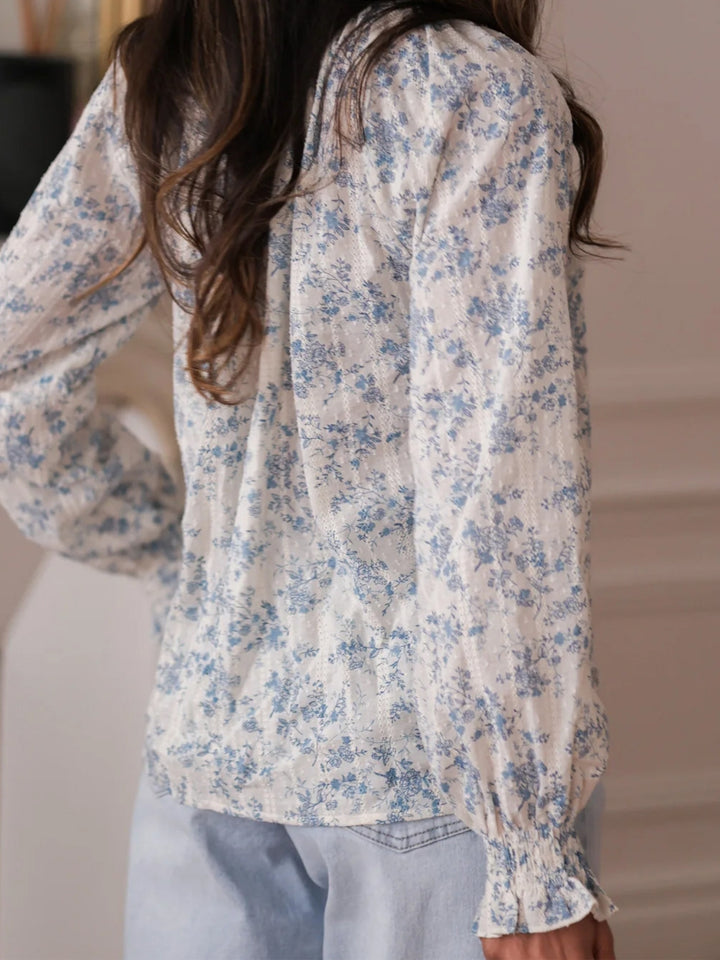 Blue Printed High Neck Top With Tie Up Detail