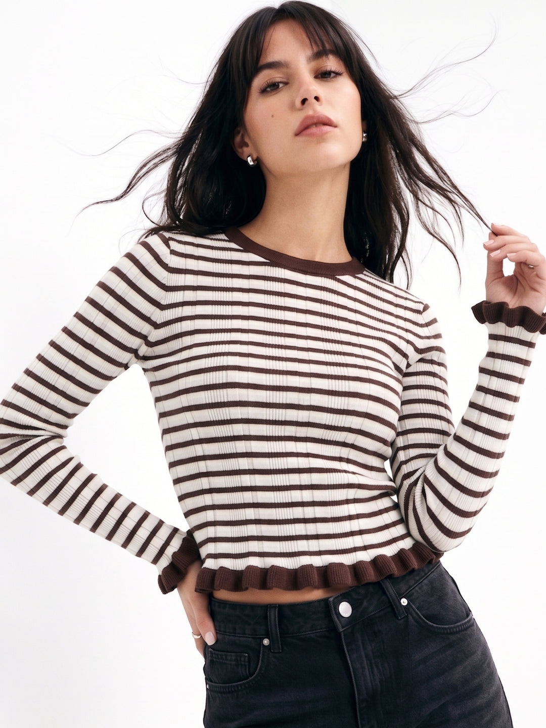 Multi Crew Neck Striped Textured Top