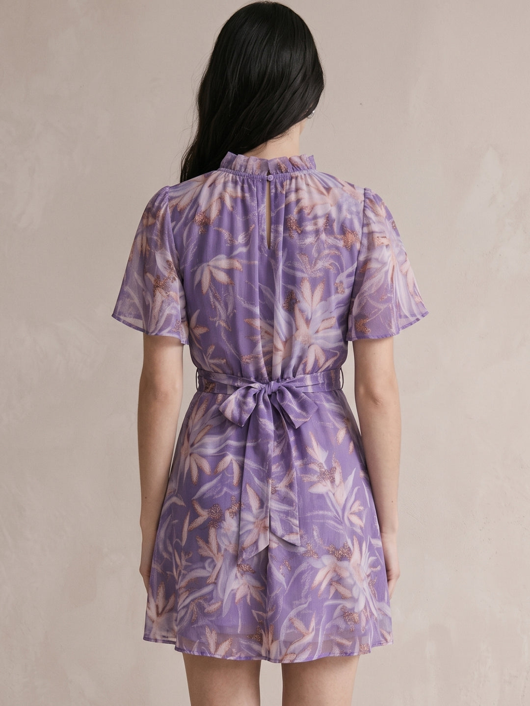 Lavender High Neck Printed Dress With Belt Tie Up Detail
