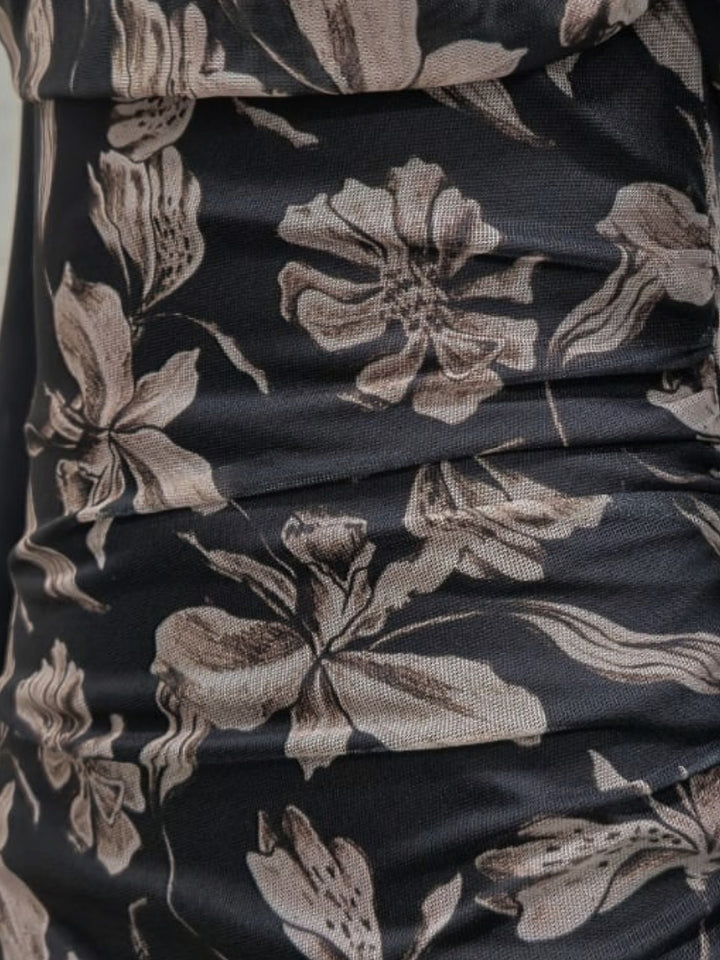 Beige Floral Print One-Shoulder Maxi Dress