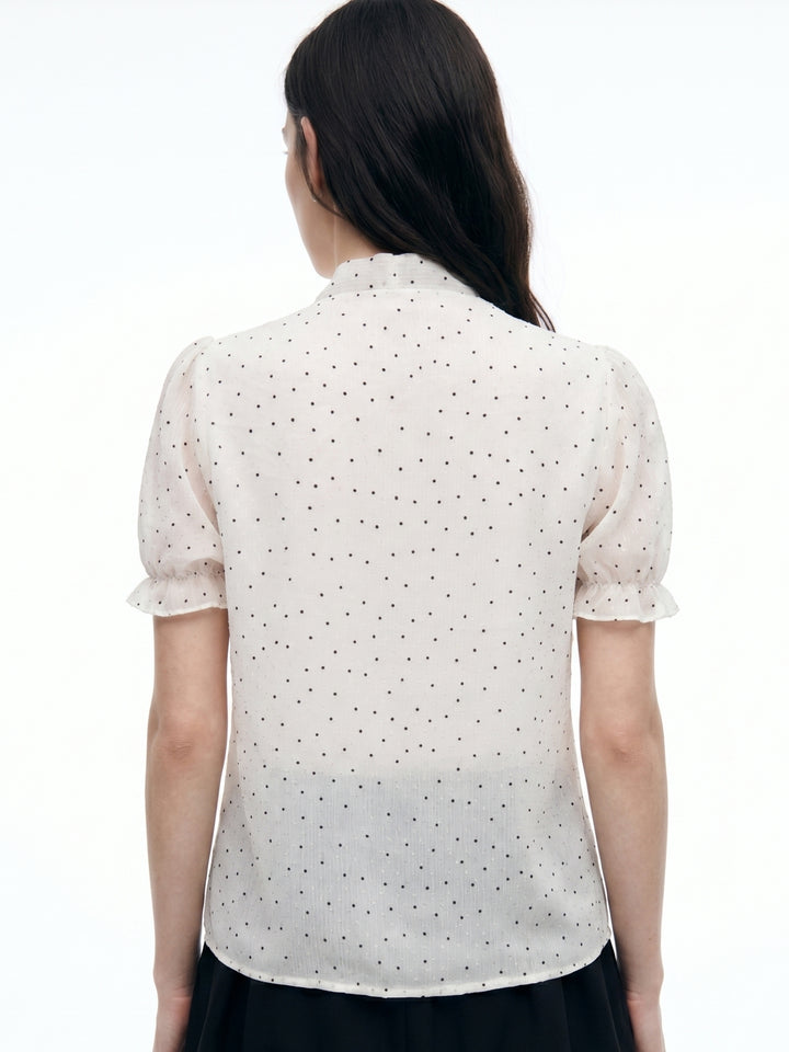 Off White Bow Tie-Up Polka Printed Top