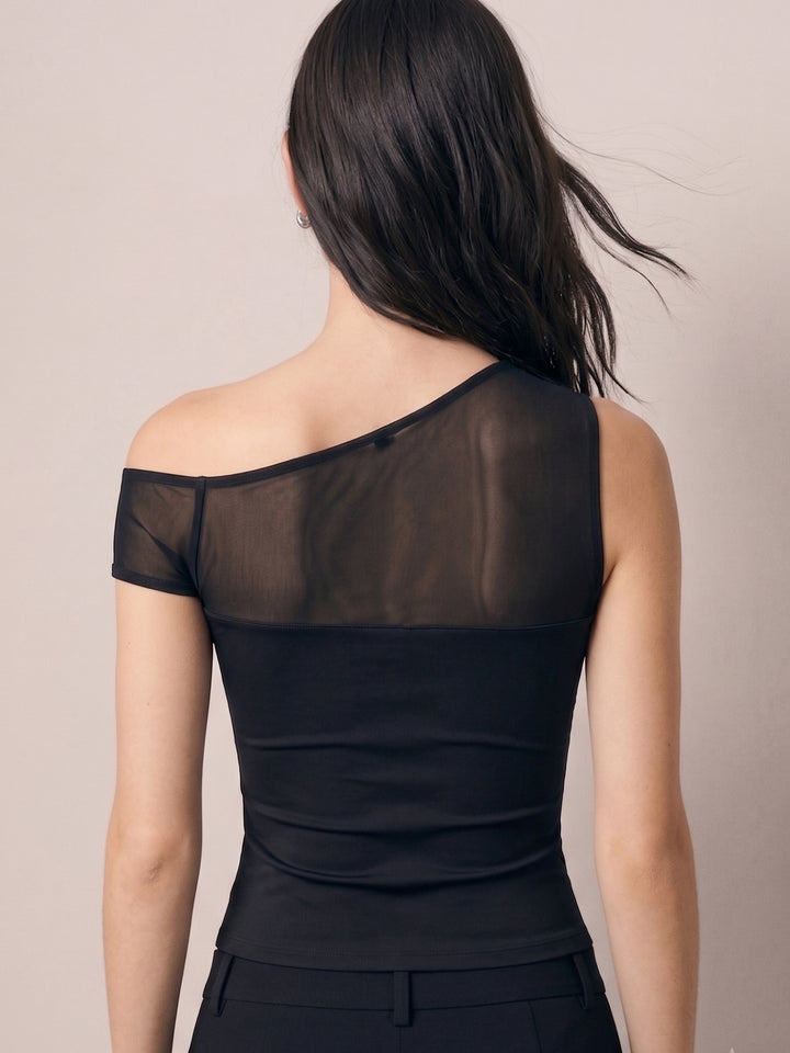 Black One Shoulder Mesh Bodysuit