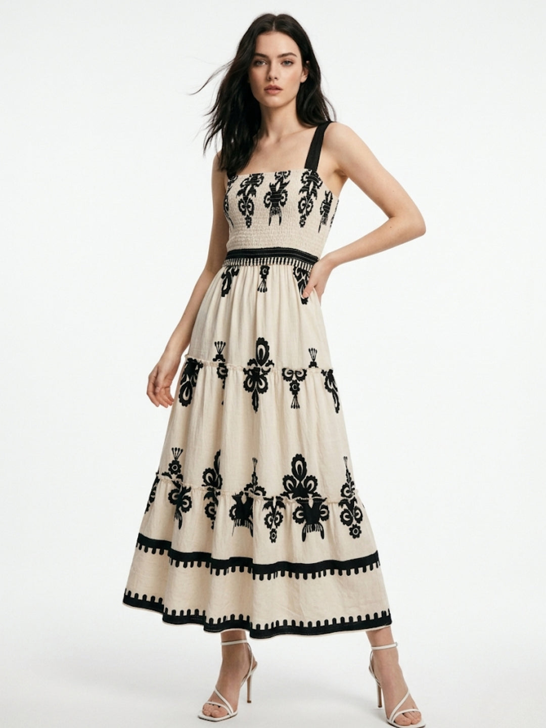 Cream Shoulder Strap Printed Dress