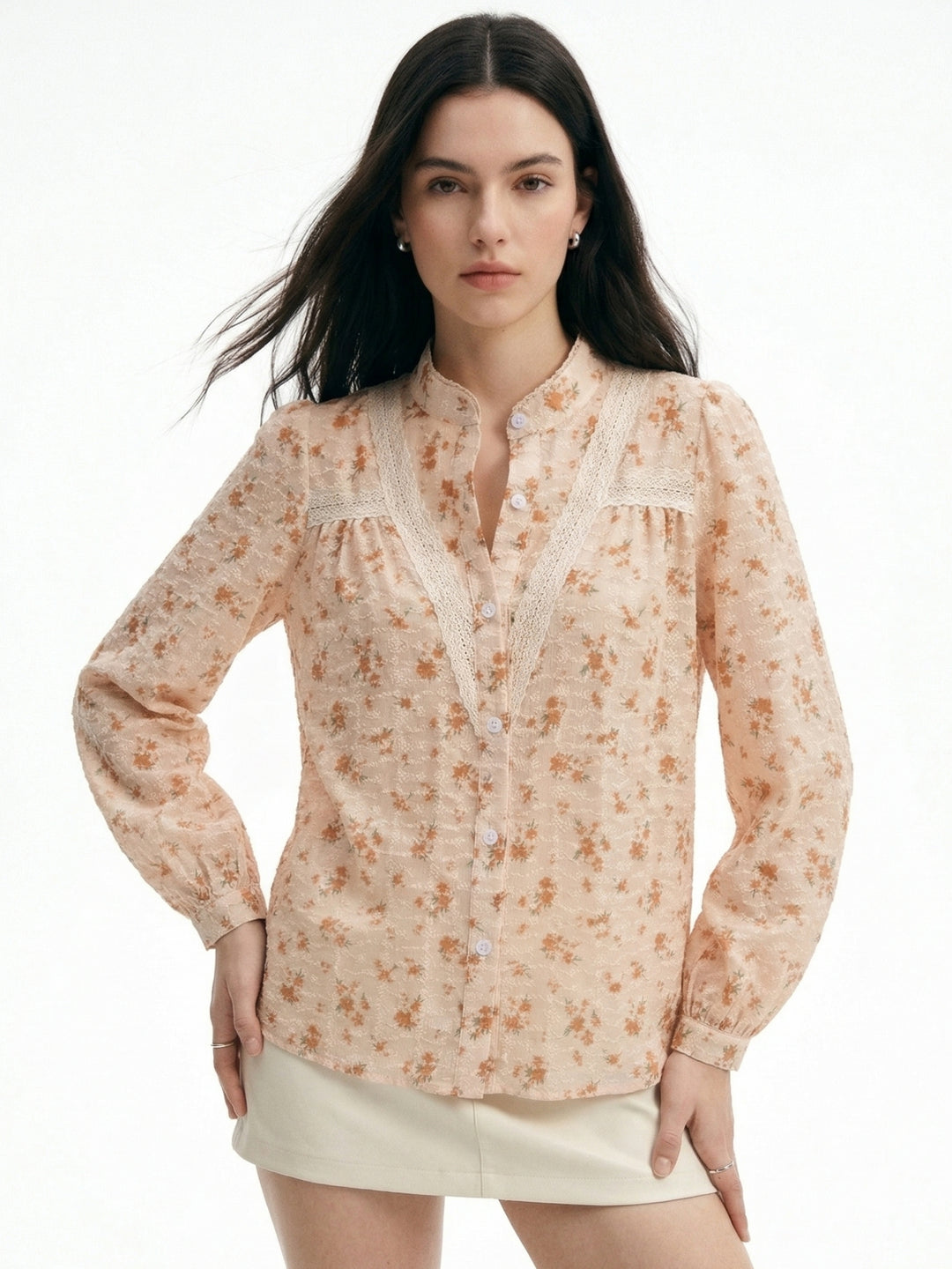 Beige Mandarin Neck Scalloped Neck Printed Blouse