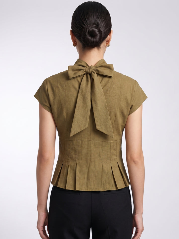 Tan Waist Fitted Neck Bow Tie-Up Top