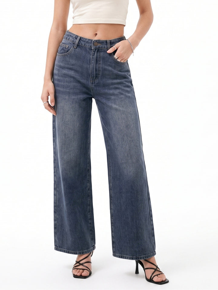 Navy Blue High Waist Wide Leg Jeans
