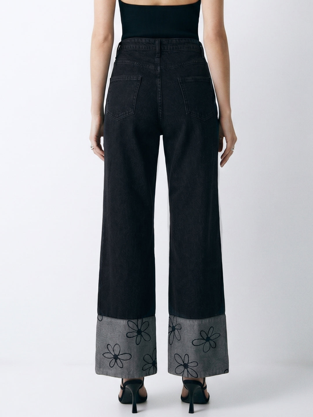 Black Dark Wash Printed Cuff Straight Fit Jeans