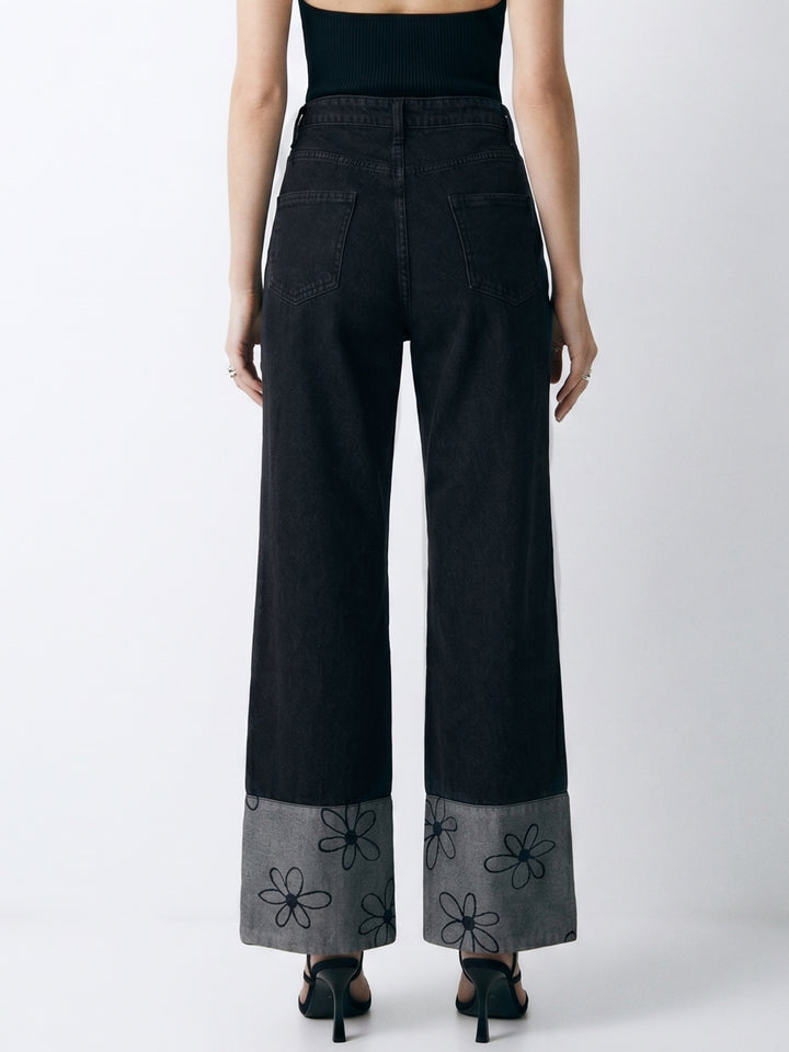 Black Dark Wash Printed Cuff Straight Fit Jeans