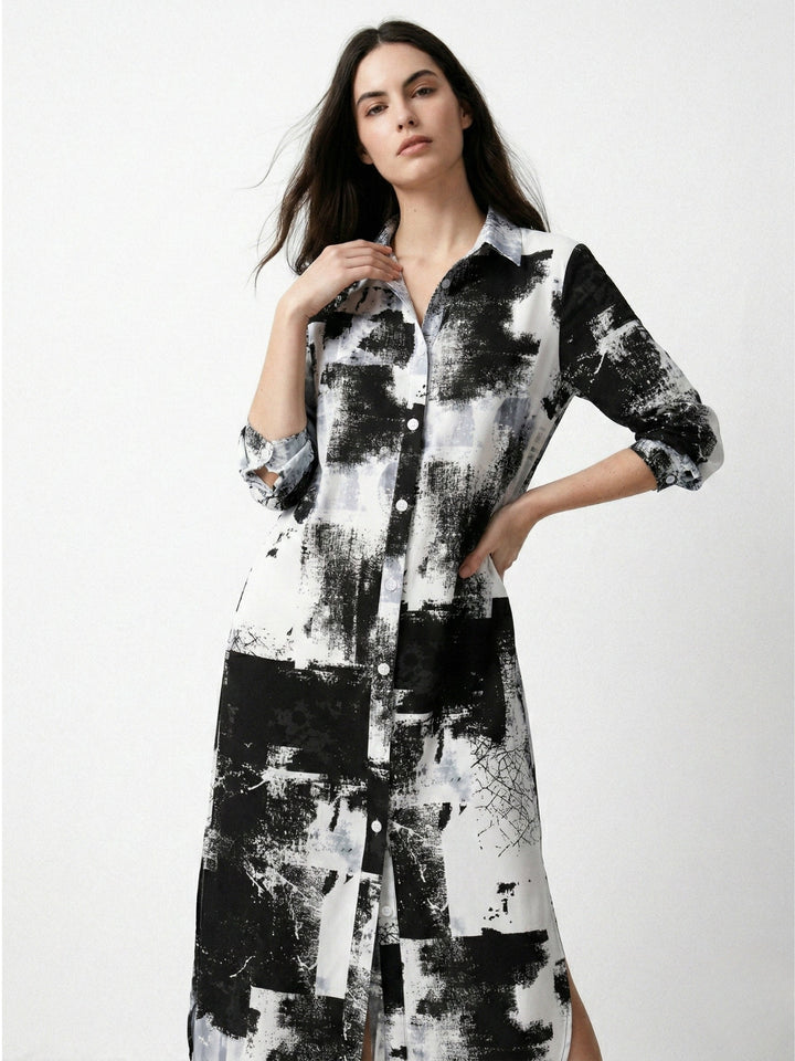 Black Typographic Button Down Shirt Dress