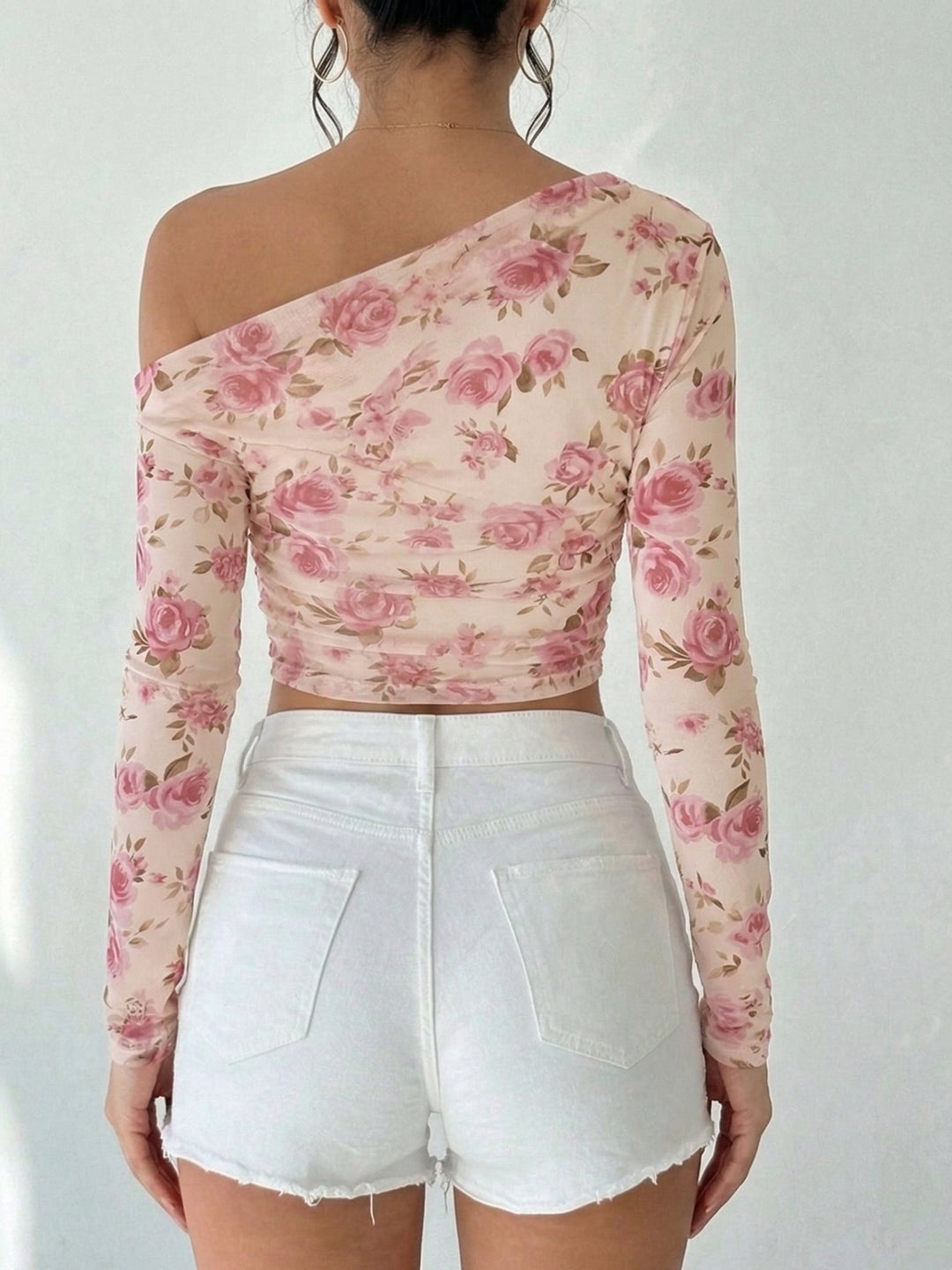 Pink Off-Shoulder Floral Printed Fitted Top