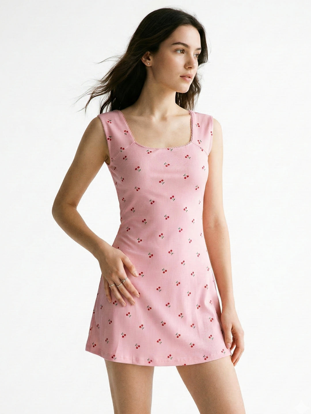 Pink Scoop Neck Cinched Waist Printed Dress