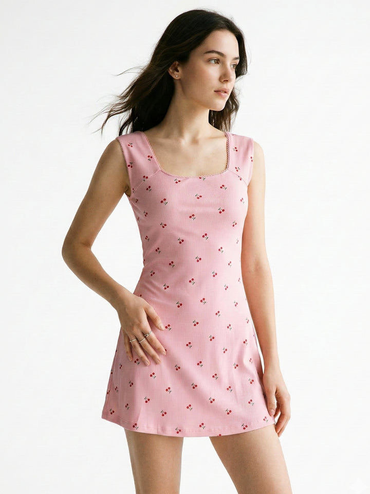 Pink Scoop Neck Cinched Waist Printed Dress