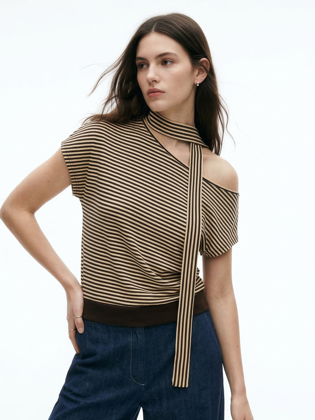 Brown One Shoulder Neck Wrap Top