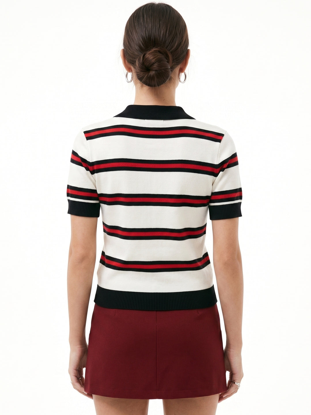 Multi Striped Collared Polo Top With Small Heart Graphic