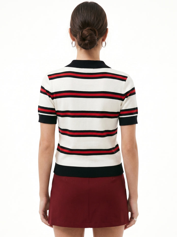 Multi Striped Collared Polo Top With Small Heart Graphic