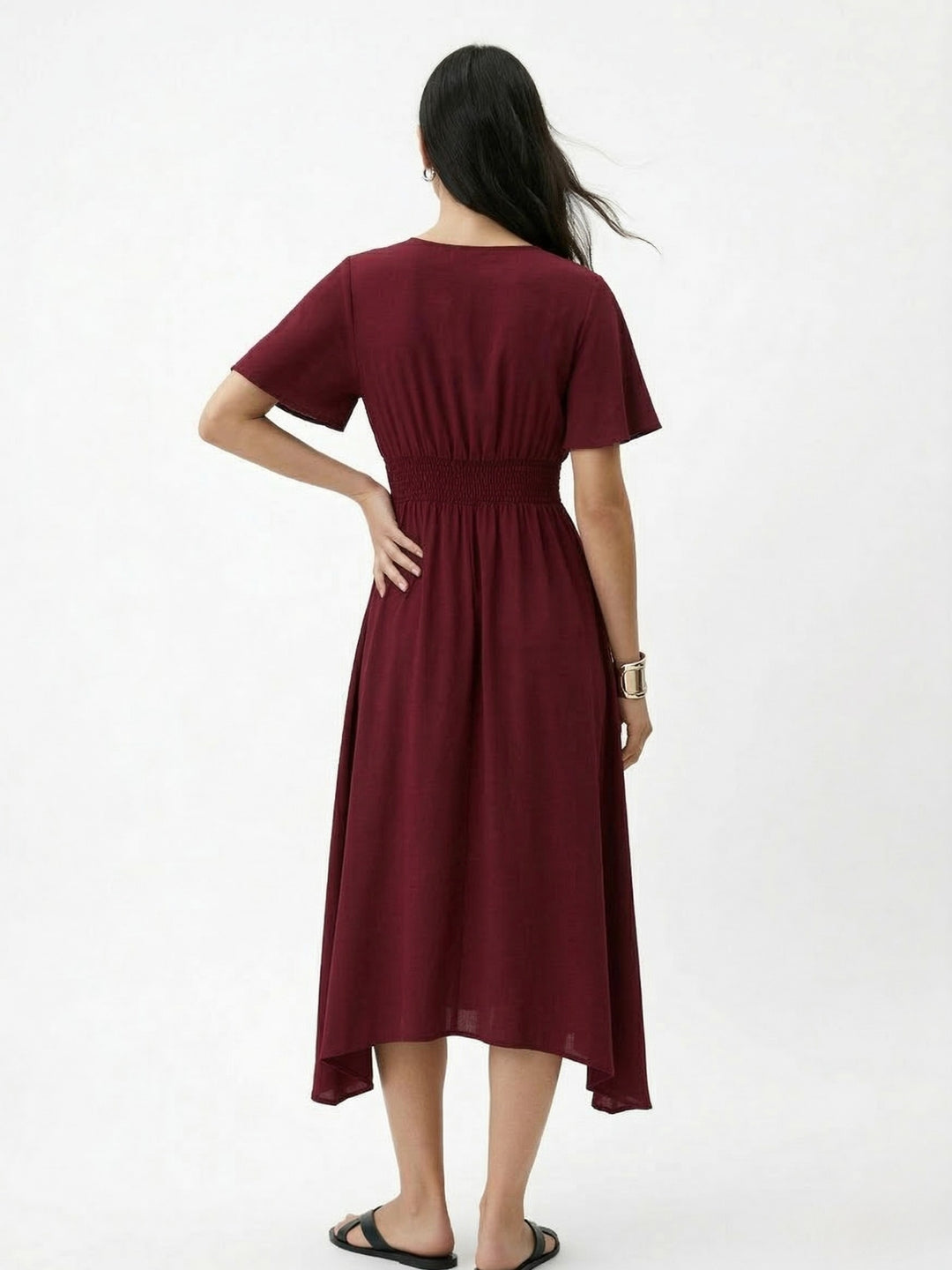 Maroon Ruffle  Sleeve Tiered Dress