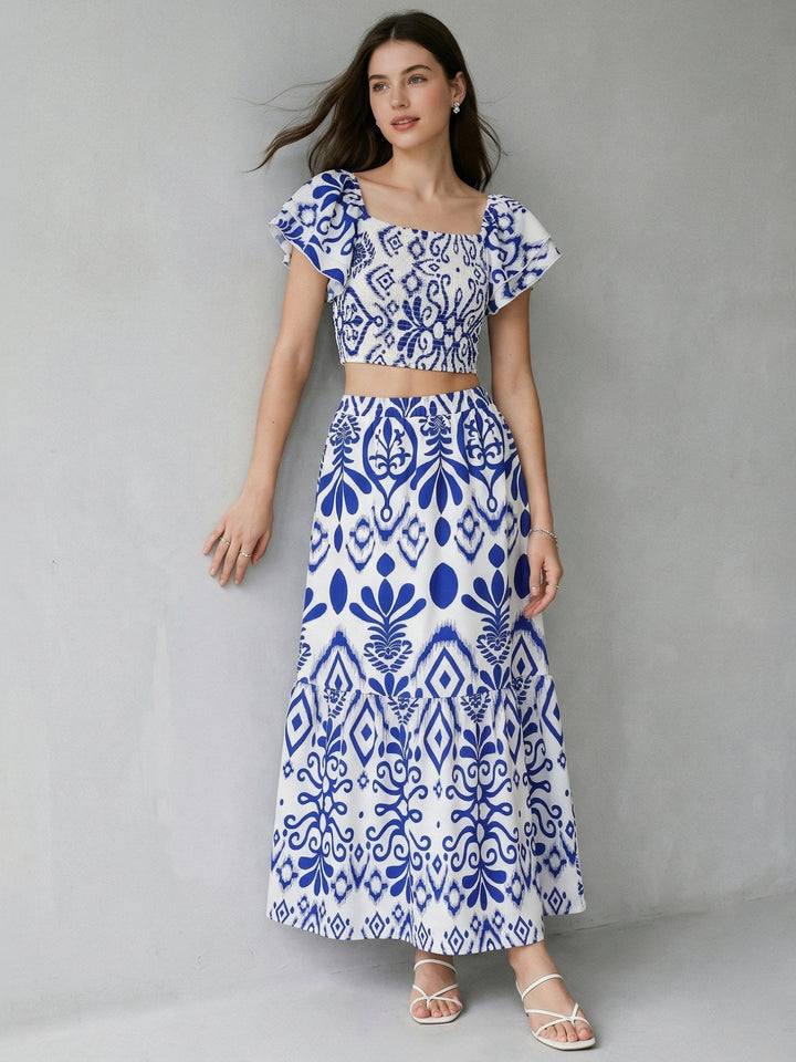 Blue Abstract Printed Top And Skirt Co-Ord Set