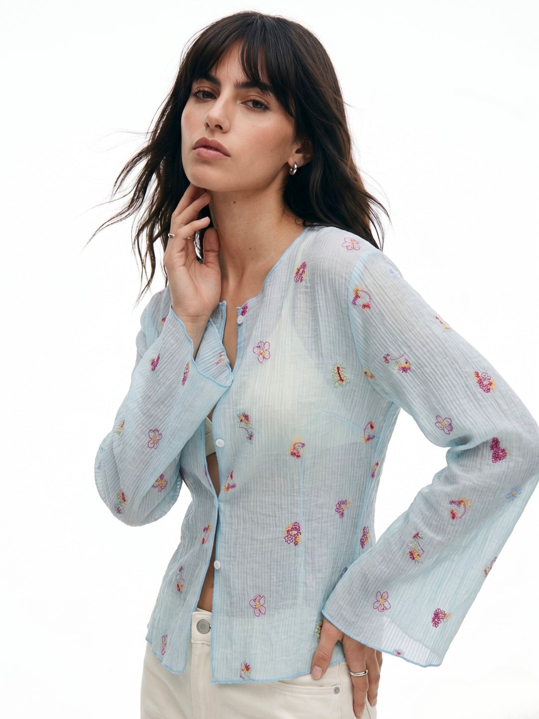 Blue Full Sleeve Front Buttoned Printed Top