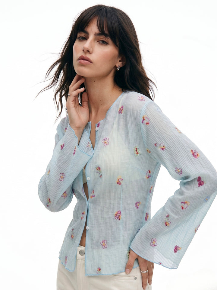 Blue Full Sleeve Front Buttoned Printed Top