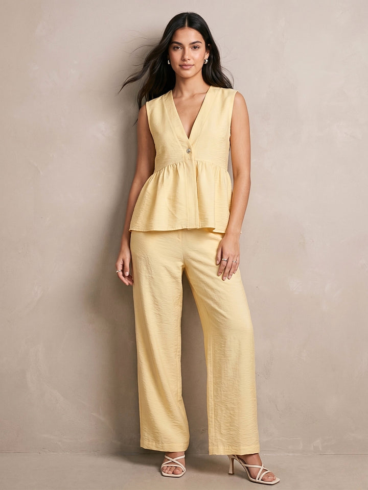 Yellow V Neck Top And Pant Set