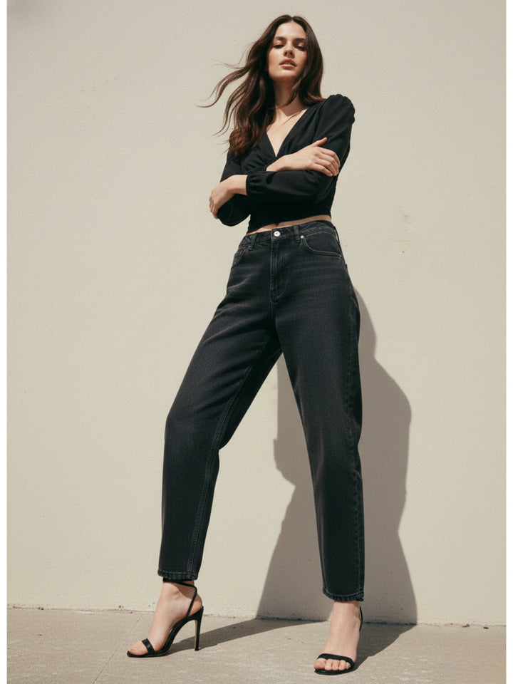 Black Plunge Neck Cinched Waist Top
