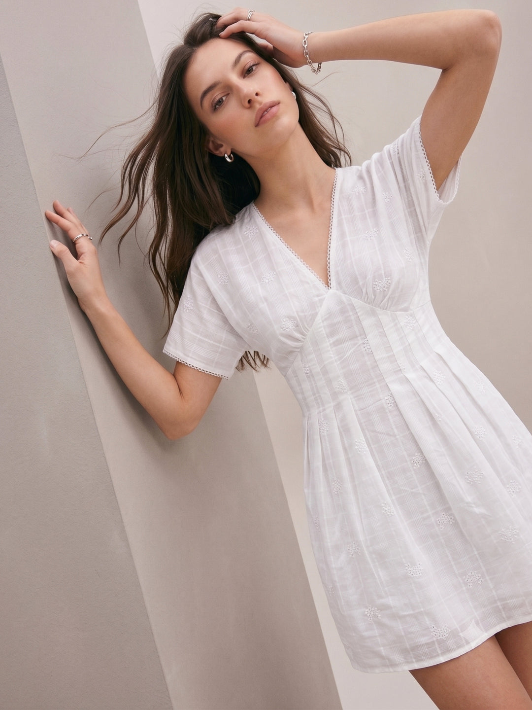 White Fit And Flare Mini All Over Embrodiery Mini Dress