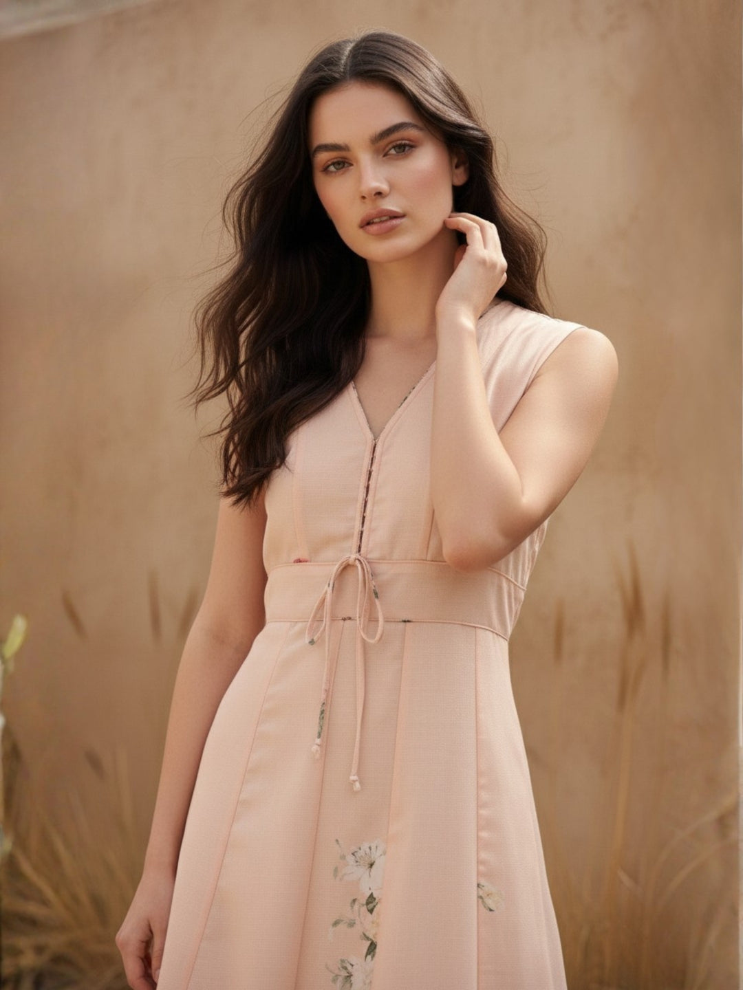 Pink Midi Printed Dress With Bow Tieup Detail