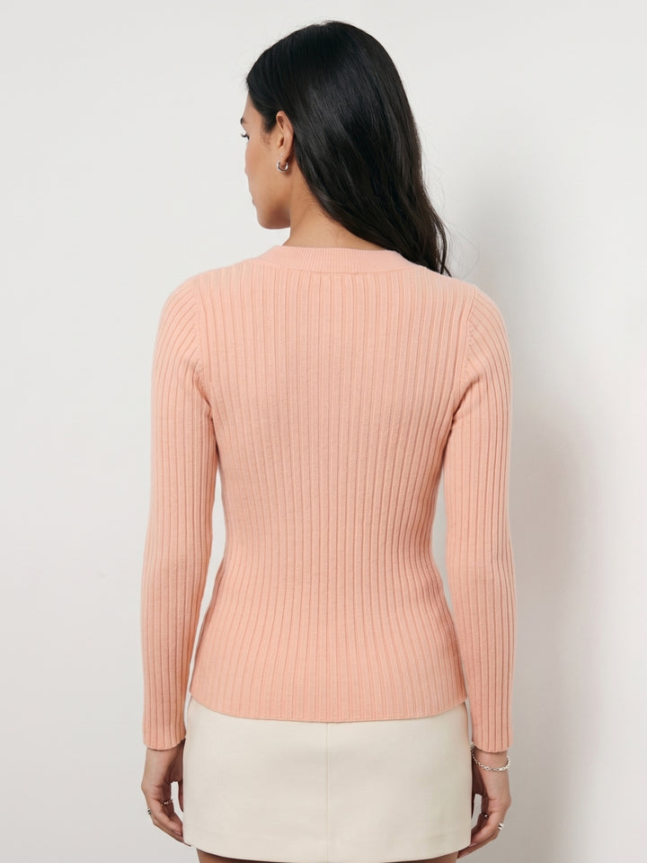 Pink Full Sleeve V Neck Fitted Top