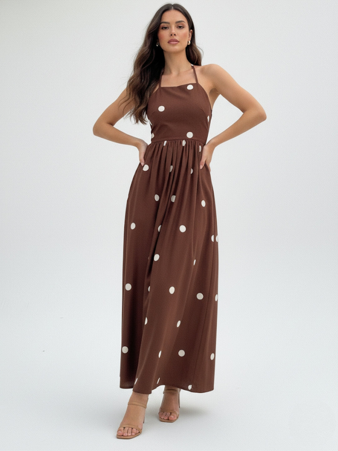 Brown Polka Printed Flared Dress