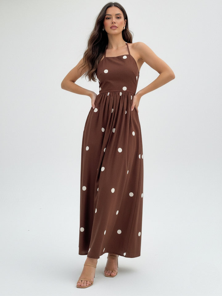 Brown Polka Printed Flared Dress