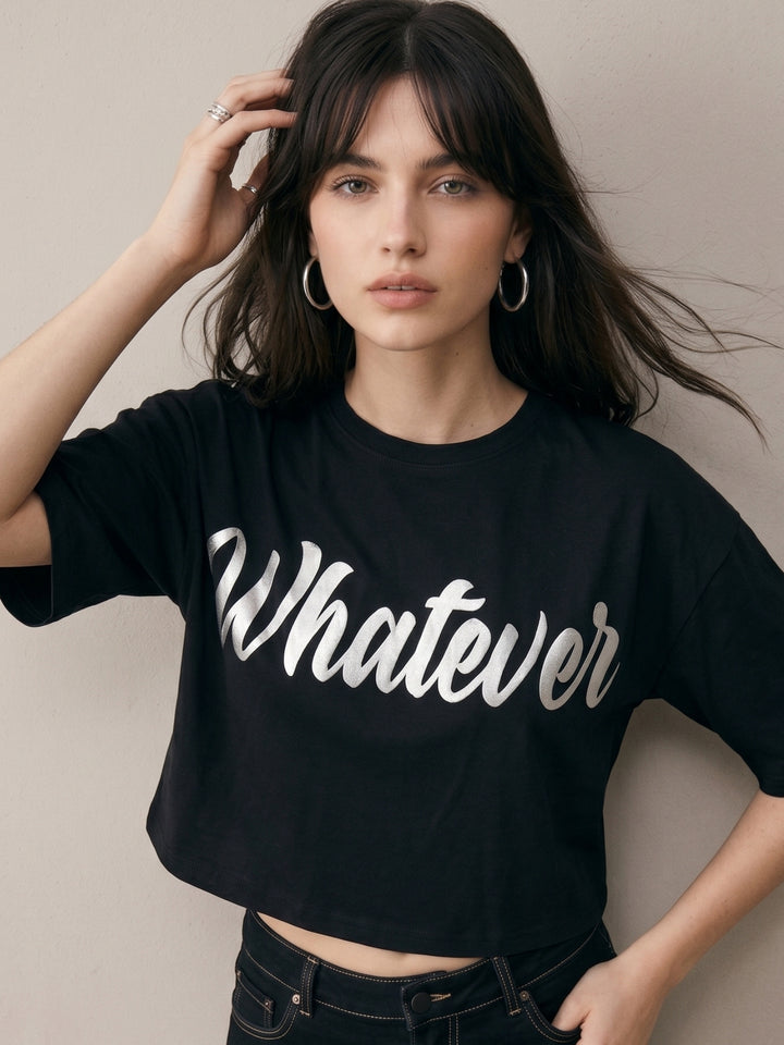 Black Cropped Boxy T-Shirt With Hd Foil Printed Graphic