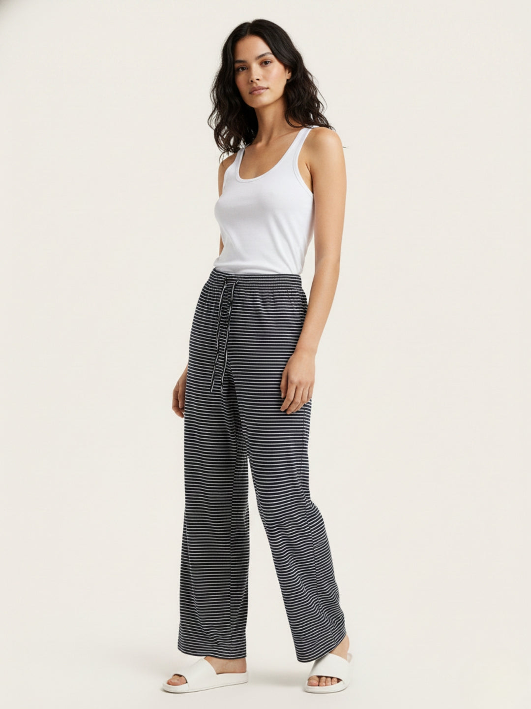Blue Striped Drawstring Wide Leg Trousers