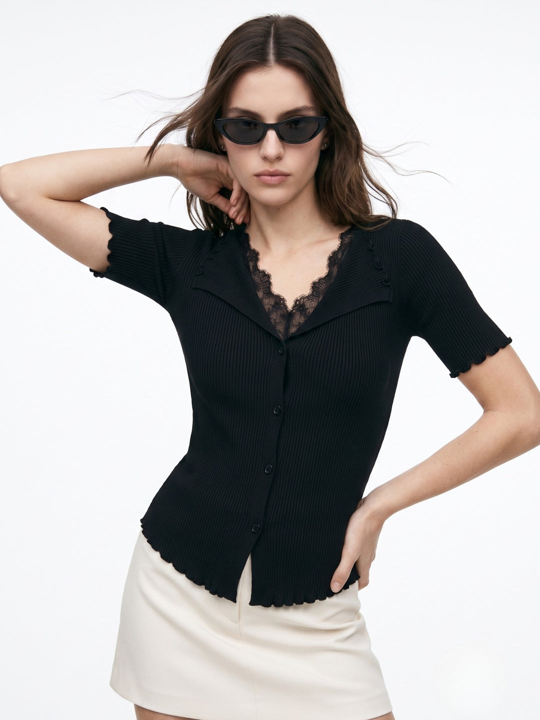 Black Collared V Notch Top With Lace Inserts