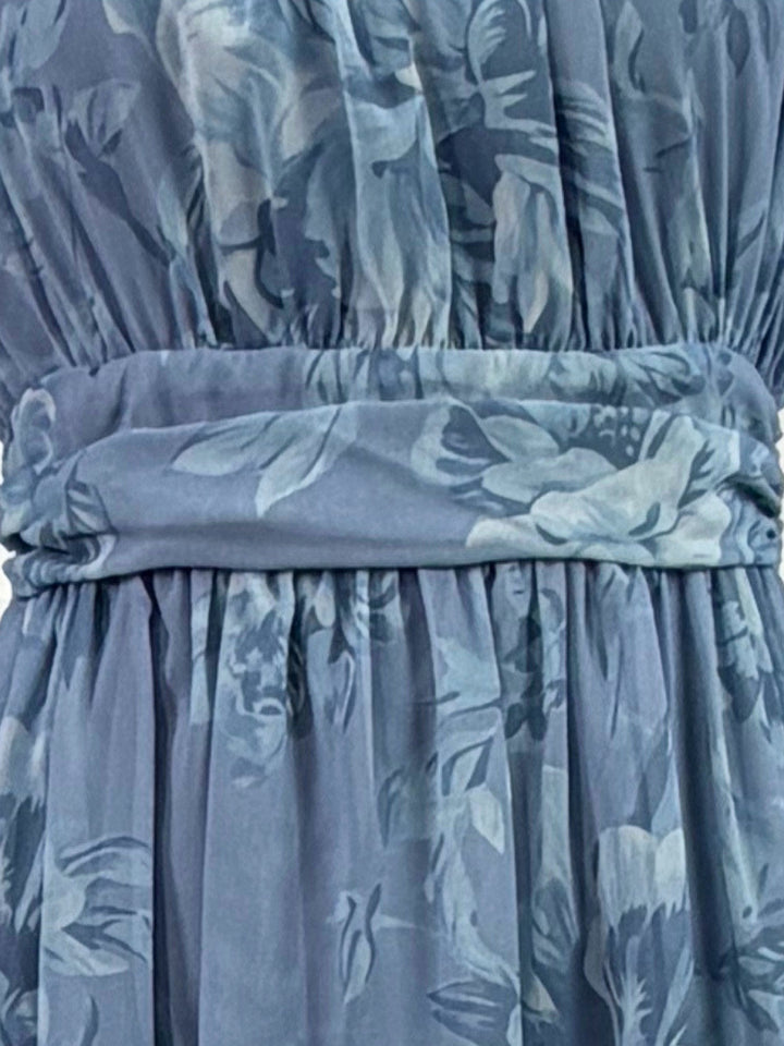 Blue Halter Neck Printed Dress With Cinched Waist